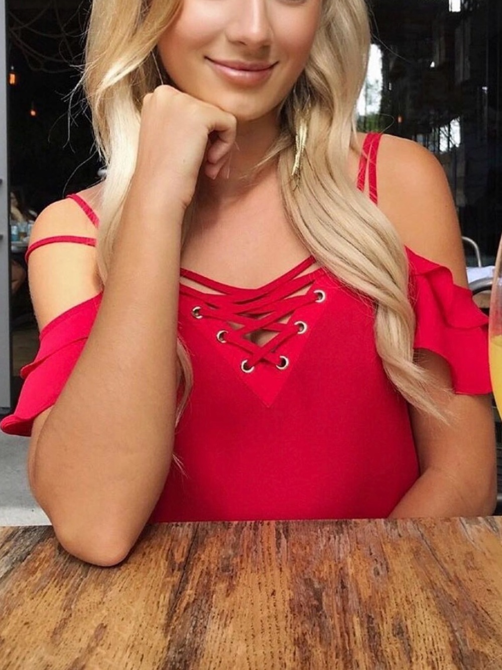 Express Red Cold-Shoulder Lace-Up Sleeveless Blouse